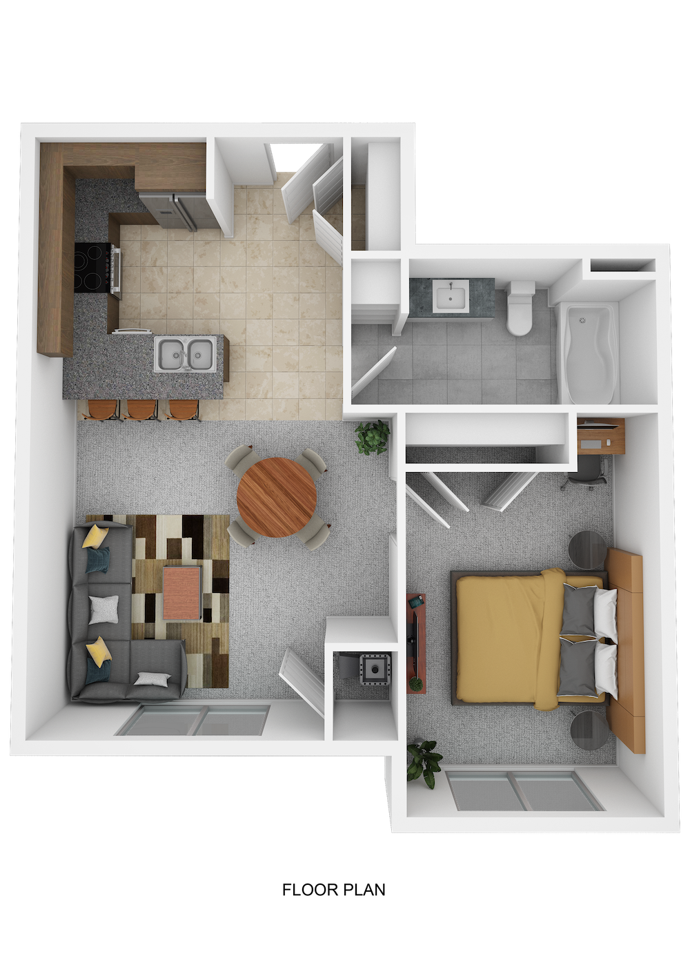 Floor plan for 1 bed, 1 bath, 723 sqft